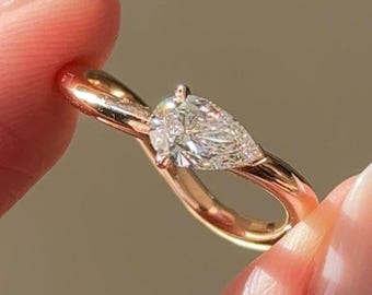 East West 0.8 CT Pear Cut Labradorit Diamant-Verlobungsring, 14K Massivgoldring, Solitärring Versprechensring, minimalistischer Ring, Geschenk für sie