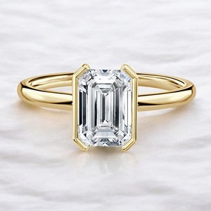 Emerald Cut Lab Grown Diamond Ring, 14K Solid Gold Ring, Half Bezel Setting Ring, Solitaire Ring, Stackable Ring, Anniversary Gift For Her