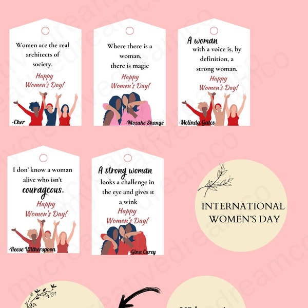 International Women's Day Gift Tags | Happy Womens Day Printable Cards | Inspirational women quotes | March 8 2023 Woman's Day