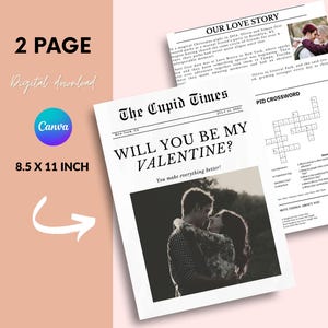 Valentines Newspaper Template Canva, Newspaper valentines, valentines day gift, DIY newspaper print, be my valentine, cupid valentine times