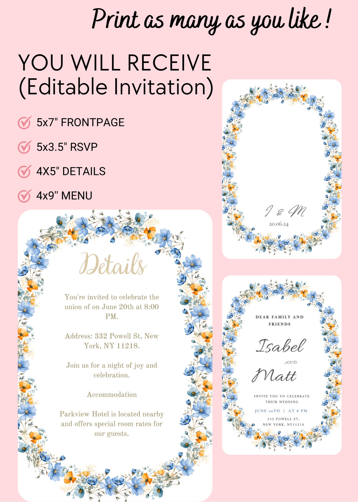 Vintage Floral Wedding Set, DELFT Blue Invitation Template, Printable ...