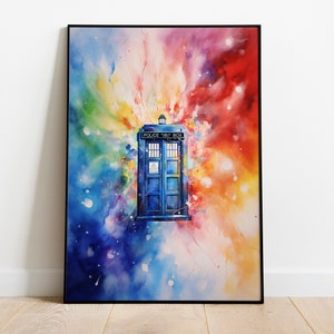 Timeless Elegance: TARDIS Watercolor Poster Print on Dazzling Rainbow Nebula - Doctor Who Inspired Art for Sci-Fi Enthusiasts
