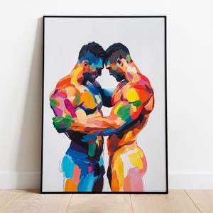 Pôster de Arte Muscular: Pintura Abstrata Vibrante de Homens se Abraçando / LGBT / Orgulho Gay / Mês do Orgulho