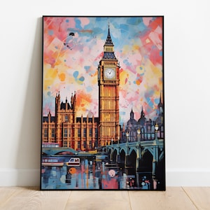 Cartel de Londres de las Casas del Parlamento del Big Ben, Palacio de Westminster, Entusiastas de los viajes, Impresión de Gran Bretaña, Estilo de mediados de siglo