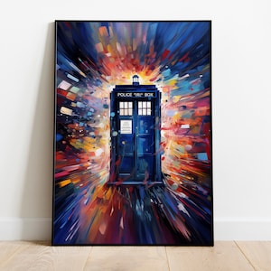 Pôster TARDIS Doctor Who - Arte de parede abstrata vibrante para escritório doméstico ou sala de estar - Design de caixa de polícia para fãs de ficção científica