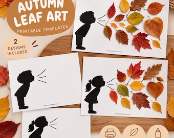 May include: Autumn leaf art printable templates featuring black silhouettes of children blowing air toward colorful fallen leaves. The set includes two distinct designs showing a boy and a girl, with text reading Autumn Leaf Art, 2 Designs Included.
