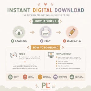 Puede incluir: Un gr&aacute;fico instructivo para una descarga digital instant&aacute;nea. Presenta tres pasos: descargar, imprimir, y aprender y jugar. Incluye instrucciones detalladas para acceder a los archivos por correo electr&oacute;nico o mediante una cuenta de Etsy.