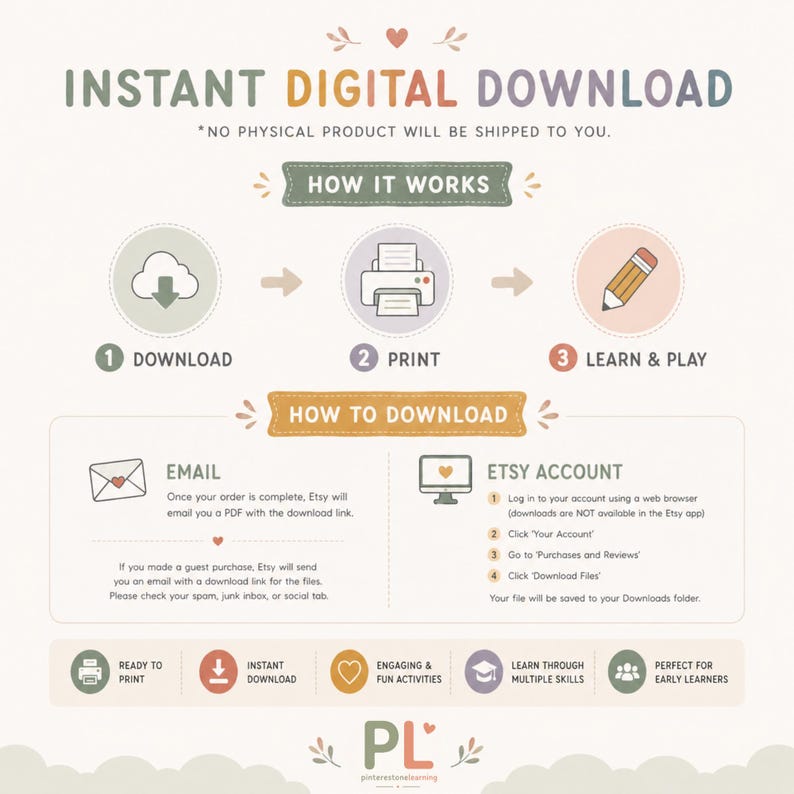 Puede incluir: Un gr&aacute;fico instructivo para una descarga digital instant&aacute;nea. Presenta tres pasos: descargar, imprimir, y aprender y jugar. Incluye instrucciones detalladas para acceder a los archivos por correo electr&oacute;nico o mediante una cuenta de Etsy.