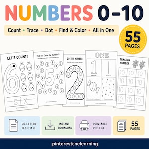 May include: A set of 55 printable educational pages titled NUMBERS 0-10, featuring activities to count, trace, dot, and color. The pages include worksheets for numbers 6, 5, 2, 1, and 10, with US letter dimensions of 8.5 x 11 inches for instant download.