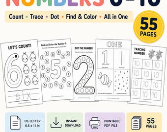 May include: A set of 55 printable educational pages titled NUMBERS 0-10, featuring activities to count, trace, dot, and color. The pages include worksheets for numbers 6, 5, 2, 1, and 10, with US letter dimensions of 8.5 x 11 inches for instant download.