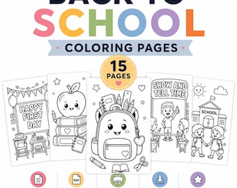 May include: A digital collection of 15 Back to School coloring pages featuring black and white line art of school supplies, a backpack, an apple, and children in a classroom setting. The text includes Happy First Day and Show and Tell Time.
