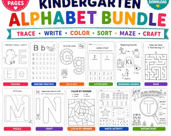 May include: A digital bundle of 288 pages for preschool and kindergarten alphabet learning. The document features activities including tracing, writing, coloring, sorting, mazes, and crafts with black and white illustrations of letters and animals.