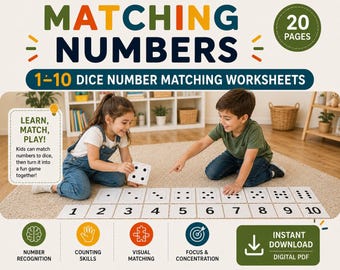May include: A digital educational product titled MATCHING NUMBERS 1-10 DICE NUMBER MATCHING WORKSHEETS with 20 pages. The graphic features text, icons for number recognition, counting skills, visual matching, focus, and an instant download button.