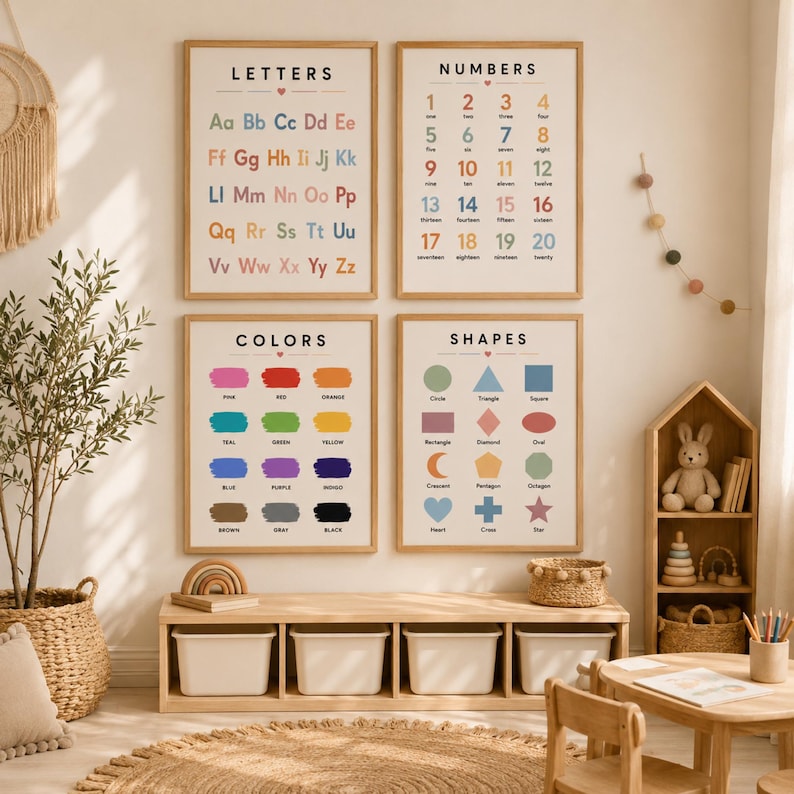 May include: Four educational wall posters in wooden frames featuring Letters, Numbers, Colors, and Shapes with colorful text and illustrations. The posters are arranged in a grid on a light wall above a wooden storage bench with four white bins.