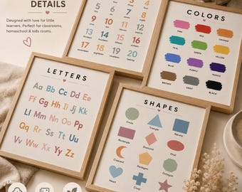 May include: Four framed educational posters with light wood frames. The posters feature colorful illustrations of numbers one through twenty, various colors with labels, the alphabet from A to Z, and geometric shapes including circles and stars.