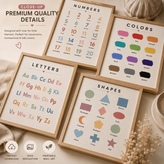 Educational Posters for Preschool, Classroom Decor Printable, Alphabet Numbers Colors Shapes, Montessori Wall Art Set PDF, Homeschool Decor