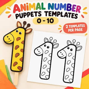 Number Animal Puppet Templates, 0-10 Printable Preschool Craft, Animal Number Puppets