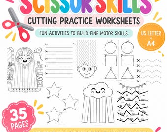 May include: Scissor Skills Cutting Practice Worksheets with 35 pages. The colorful title features a red pair of scissors. The black and white activity sheets include dotted lines, shapes, a cloud with a rainbow, and a character getting a haircut.