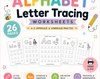 May include: Alphabet Letter Tracing Worksheets featuring 26 pages of A-Z uppercase and lowercase practice. The set includes white pages with black text and illustrations of a bee, gorilla, milk, star, and zebra. Includes a Print & Go icon.