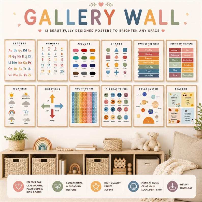 May include: A set of 12 educational posters titled GALLERY WALL, featuring letters, numbers, colors, shapes, days of the week, months, weather, directions, count to 100, feelings, the solar system, and seasons with colorful illustrations and text.
