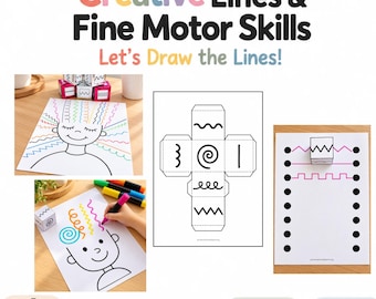 May include: Four educational worksheets titled Creative Lines & Fine Motor Skills: Let's Draw the Lines! featuring black and white line-tracing activities, a printable cube template, and a person's head with colorful hair lines. Includes US Letter 8.5 x 11 inch format.