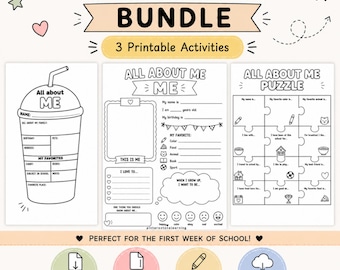 May include: A digital bundle of three printable activity sheets titled All About Me Bundle. The sheets feature black and white line art including a drink cup template, a personal information form, and a puzzle with prompts for children to fill out.