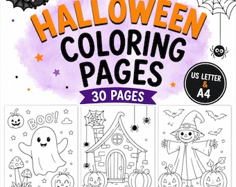 May include: A digital collection of 30 Halloween coloring pages featuring the text HALLOWEEN COLORING PAGES and CUTE & SPOOKY DESIGNS FOR KIDS. The set includes US Letter and A4 formats with illustrations of a ghost, a house, and a scarecrow.