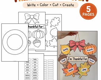 Thanksgiving Wreath Craft for Kids, I'm Thankful For Activity, Kindergarten Fall Craft, Printable Thanksgiving Template
