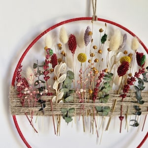 Red Wreath,Dried Floral Hoop,Boho Wall Decor, Handmade Gift,Dried Flowers Wreath, Jute and Floral Boho Hoop,Modern Home Decor, New Home Gift