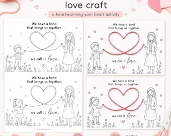 May include: A printable teacher and student craft activity featuring four cards with line art illustrations of a child and teacher connected by a heart shape. The text reads: We have a bond that brings us together, we call it love.