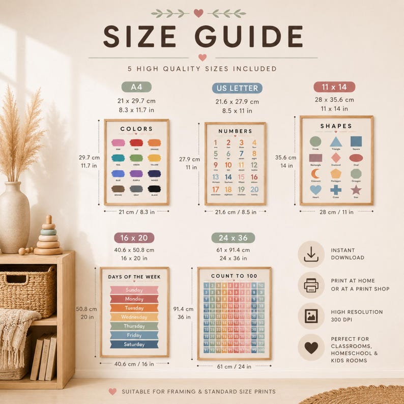 May include: A size guide infographic for five educational wall art prints featuring colors, numbers, shapes, days of the week, and a count to 100 chart. The guide displays dimensions in inches and centimeters for A4, US Letter, 11x14, 16x20, and 24x36 sizes.