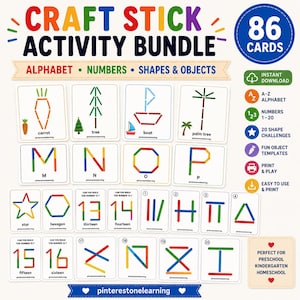 May include: A craft stick activity bundle featuring 86 cards with alphabet, numbers, shapes, and objects. The cards display colorful stick patterns for letters M through P, numbers 13 through 20, and various shapes. Includes text labels.