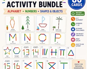 May include: A craft stick activity bundle featuring 86 cards with alphabet, numbers, shapes, and objects. The cards display colorful stick patterns for letters M through P, numbers 13 through 20, and various shapes. Includes text labels.