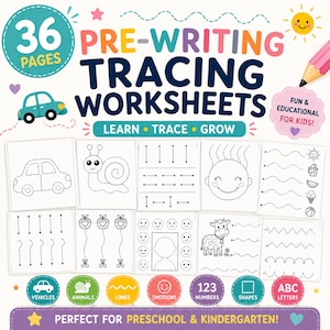 Pode incluir: Um conjunto de 36 folhas de exercícios de pré-escrita com desenhos de linhas a preto e branco de um carro, caracol, cara sorridente, vaca e vários padrões. O texto diz PRE-WRITING TRACING WORKSHEETS, LEARN TRACE GROW e FUN & EDUCATIONAL FOR KIDS.