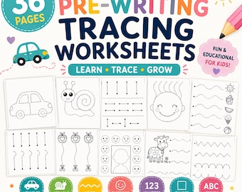 May include: A set of 36 pre-writing tracing worksheets featuring black and white line drawings of a car, snail, smiley face, cow, and various patterns. The text reads PRE-WRITING TRACING WORKSHEETS, LEARN TRACE GROW, and FUN & EDUCATIONAL FOR KIDS.