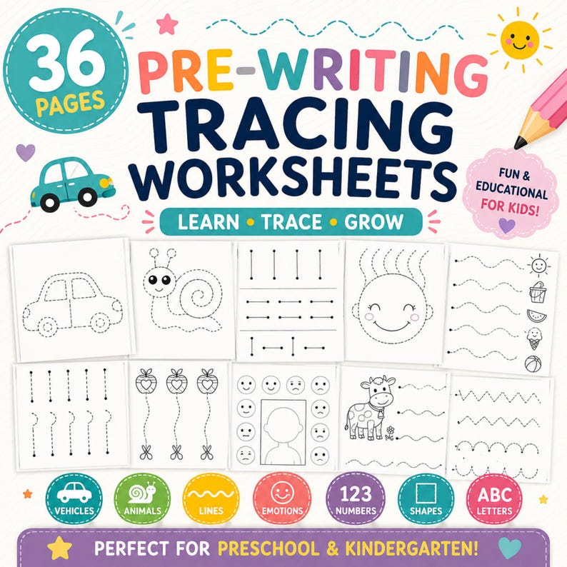 Puede incluir: Un conjunto de 36 hojas de trabajo de caligraf&iacute;a con dibujos lineales en blanco y negro de un coche, caracol, cara sonriente, vaca y varios patrones. El texto dice PRE-WRITING TRACING WORKSHEETS, LEARN TRACE GROW y FUN & EDUCATIONAL FOR KIDS.