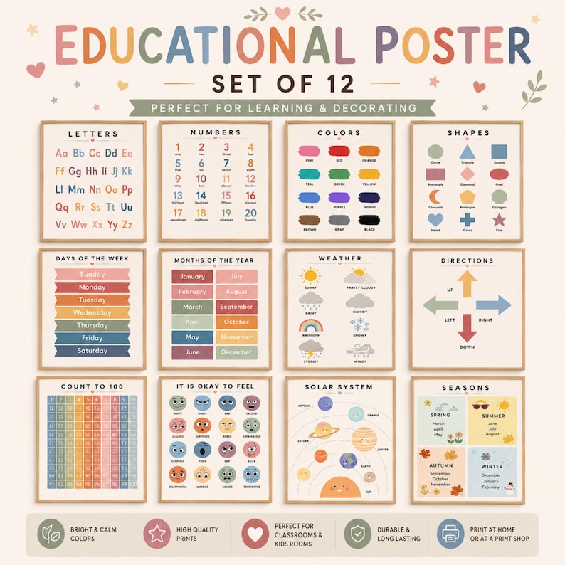 May include: A set of 12 educational posters featuring colorful charts for letters, numbers, colors, shapes, days, months, weather, directions, counting to 100, emotions, the solar system, and seasons, all displayed on a light background.