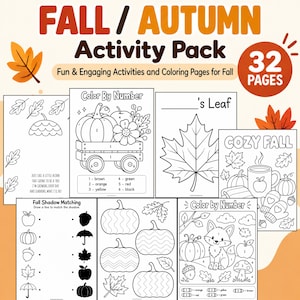 May include: A 32-page Fall/Autumn Activity Pack featuring black and white coloring pages and educational worksheets. The collection includes color-by-number designs with pumpkins, a fox, leaves, and cozy fall scenes, plus shadow matching and tracing activities.