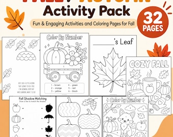 May include: A 32-page Fall/Autumn Activity Pack featuring black and white coloring pages and educational worksheets. The collection includes color-by-number designs with pumpkins, a fox, leaves, and cozy fall scenes, plus shadow matching and tracing activities.