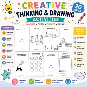 May include: A 20-page creative thinking and drawing activity book featuring various black and white prompts on white paper. The cover displays the title Creative Thinking & Drawing Activities with colorful icons, text boxes detailing skills developed, and fun prompts.