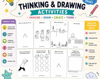 May include: A 20-page creative thinking and drawing activity book featuring various black and white prompts on white paper. The cover displays the title Creative Thinking & Drawing Activities with colorful icons, text boxes detailing skills developed, and fun prompts.