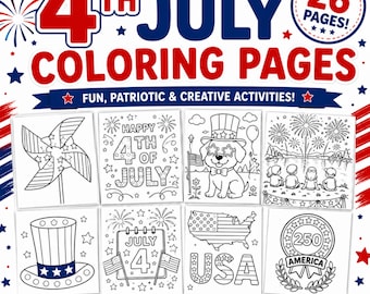May include: A digital collection of 26 Fourth of July coloring pages featuring patriotic designs. The cover displays text including 4TH JULY COLORING PAGES, FUN, PATRIOTIC & CREATIVE ACTIVITIES, and shows eight black and white line art examples.