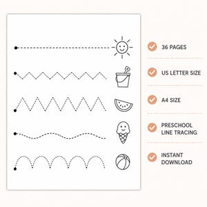 Puede incluir: Una p&aacute;gina blanca con cinco ejercicios de trazado de l&iacute;neas negras para ni&ntilde;os, incluyendo caminos rectos, en zigzag, ondulados y arqueados que llevan a iconos de sol, cubo, sand&iacute;a, helado y pelota de playa, con texto indicando 36 p&aacute;ginas.