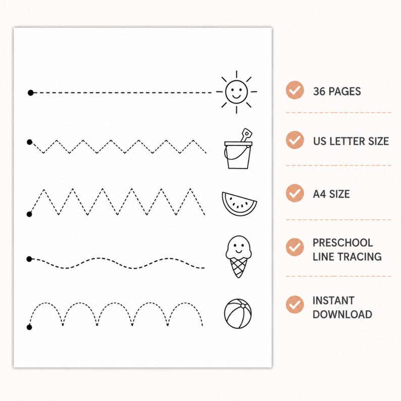 Puede incluir: Una p&aacute;gina blanca con cinco ejercicios de trazado de l&iacute;neas negras para ni&ntilde;os, incluyendo caminos rectos, en zigzag, ondulados y arqueados que llevan a iconos de sol, cubo, sand&iacute;a, helado y pelota de playa, con texto indicando 36 p&aacute;ginas.