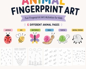 May include: Animal Fingerprint Art activity set featuring six different animal pages including a ladybug, bee, butterfly, snail, turtle, and sheep. The set includes colorful examples and black and white line art pages for kids to complete.