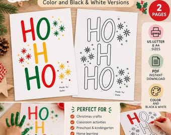 May include: A Christmas handprint craft printable set featuring two pages with the text HO HO HO and star graphics. One page is in color, and the other is in black and white. The design includes spaces for a name and date. It is available in US Letter size.