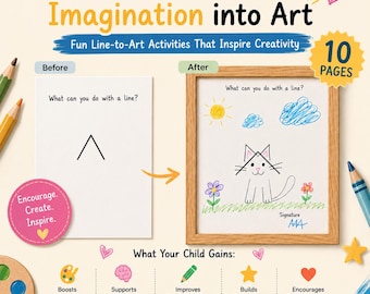 May include: A 10-page activity set titled Turn Your Child's Imagination into Art. It shows a before and after example of a line drawing transformed into a cat. Includes colored pencils, a palette, and text detailing developmental benefits.