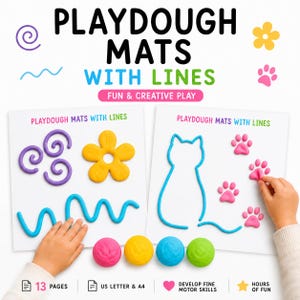 May include: Playdough mats with lines featuring printed text and illustrations. Two white sheets show purple swirls, a yellow flower, blue wavy lines, a blue cat outline, and pink paw prints. Four balls of dough in pink, yellow, blue, and green are included.