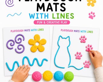 May include: Playdough mats with lines featuring printed text and illustrations. Two white sheets show purple swirls, a yellow flower, blue wavy lines, a blue cat outline, and pink paw prints. Four balls of dough in pink, yellow, blue, and green are included.