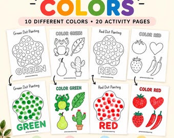 May include: A set of educational activity pages titled LEARN COLORS with 10 different colors and 20 activity pages. The sheets feature black and white outlines and colored examples of dot painting and coloring tasks including a frog, pear, and cactus.